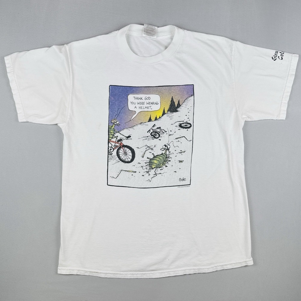 Vintage 90s Comic Strip Bike Cartoon Joke Art T Shirt Size L White